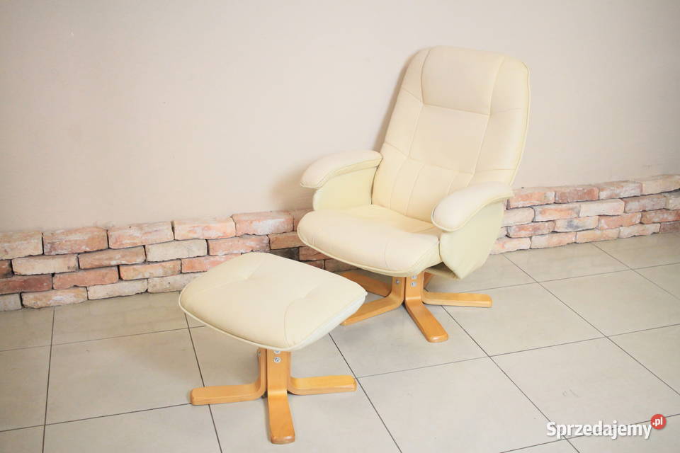 Wygodny fotel + podnóżek - biała skóra