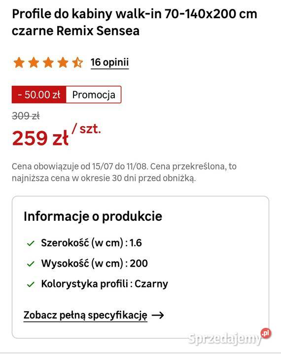 Profile do kabiny walkin 70140x200 czarne Remix Kabiny prysznicowe Radwanice