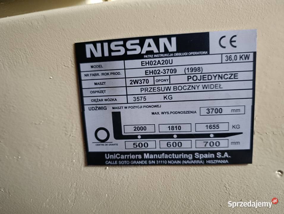 Wózek widłowy Nissan 2 Tony diesel przesuw Wózki widłowe Suchedniów