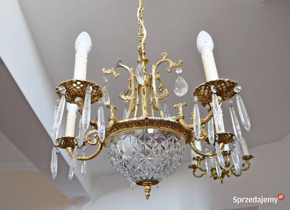 żyrandol stylowy złoty mosiądz kryształki stary wielkopolskie Kalisz
