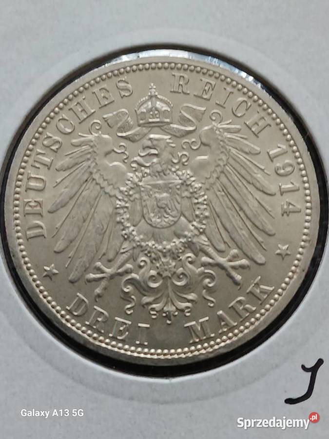 3 Marki Prusy Wilhelm II 1914 r men A Śliczny Numizmatyka wielkopolskie Konin