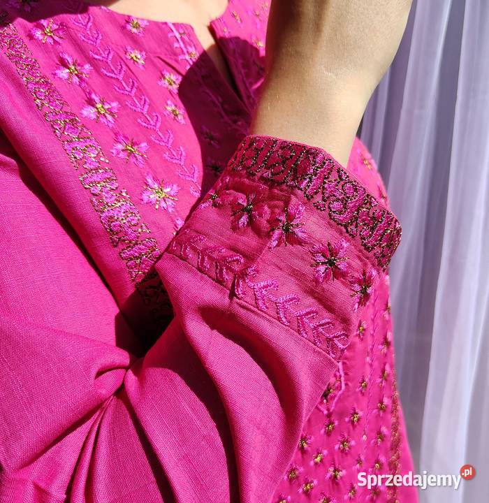 Różowa tunika boho S 36 bawełna róż złoto haft