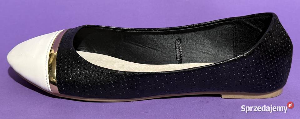 Czarne baleriny z białym czubkiem skórzana Żyrardów