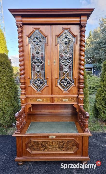 Orzechowa bibliotecza z ławką i pięknym witrażem Antyki, Sztuka, Kolekcje Szczecin