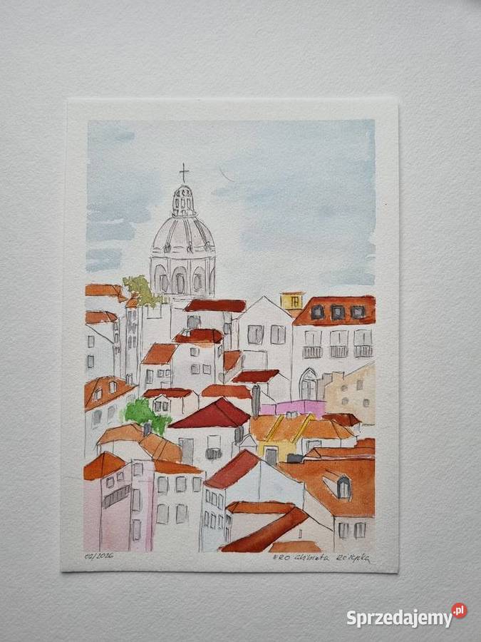 Akwarela Lizbona Alfama Kościół Santa Engrcia Warszawa