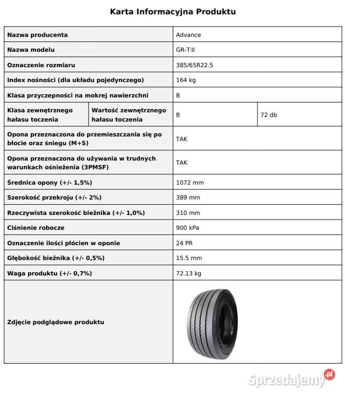 38565 R225 ADVANCE TYRE GRT2 opony naczepowe 4 Zarębki sprzedam
