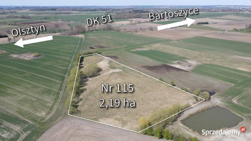 Działka rolna 219 ha pod Bartoszycami Plęsy 21900m2 Bartoszyce
