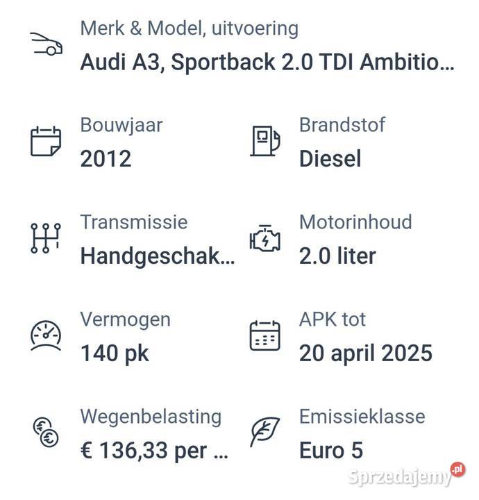 Audi A3 20 tdi 2012 5 drzwi SOCHAN światła do jazdy dziennej Tyszowce sprzedam