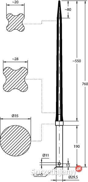 Ząb ładowacza prosty profil gwiazda 35x760 mm Kamionna