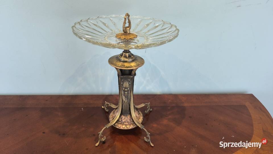 Piękna mosiężna patera z kryształowym szkłem