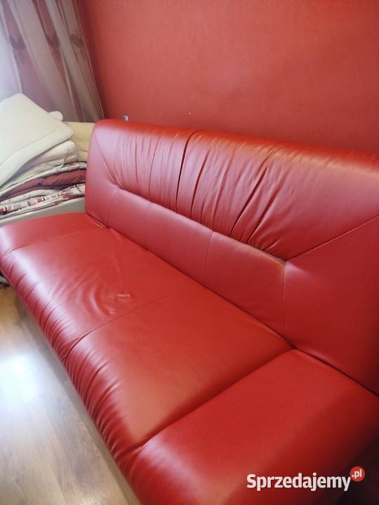Czerwona skórzana wersalka 2 fotele Poręba