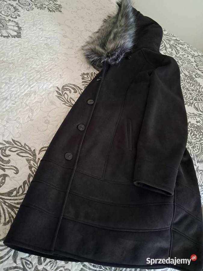 Kożuch damski długi czarny z kapturem 4446 do Bez wzoru Kraków