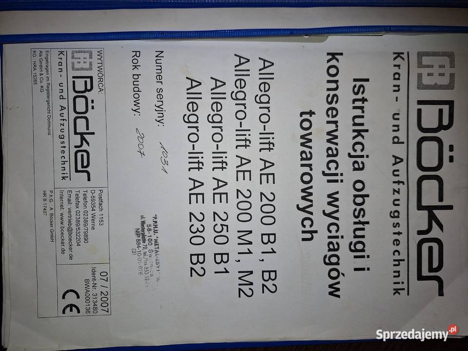 Winda wyciąg towarowy Bocker Świdnica sprzedam