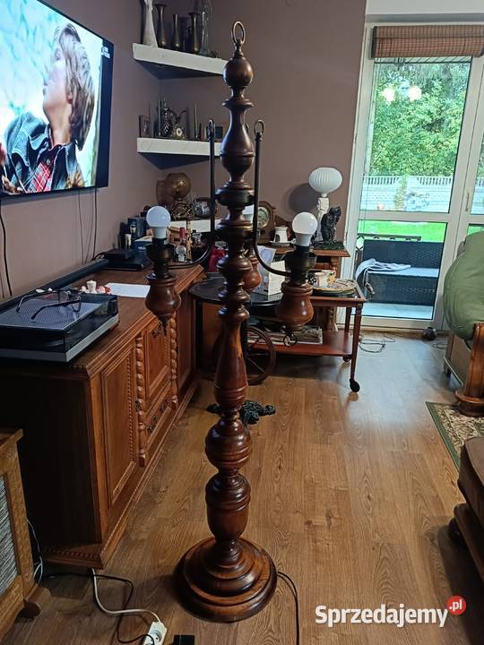 Stara lampa stojąca drewniana z trzema kloszami Lipno sprzedam