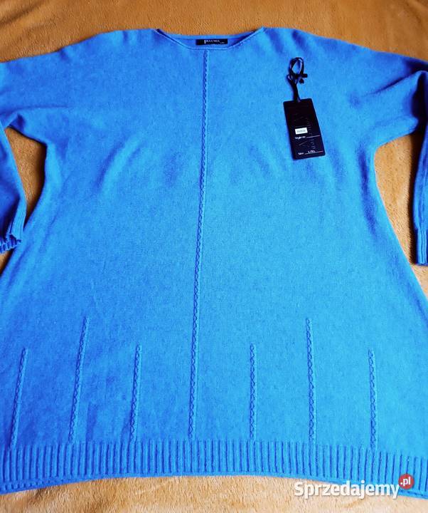 Niebieska tunika sweterek z ozdobnym szalem Swetry i golfy Cieszyn