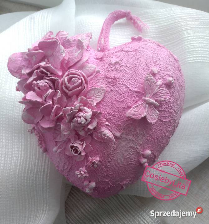 Serce mixmediowe ozdoba rękodzieło odcienie różowego świętokrzyskie Krajno-Parcele