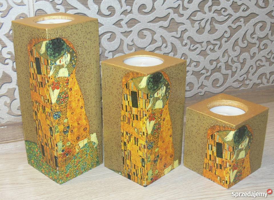 3 świeczniki decoupage złoty Pocałunek Klimt