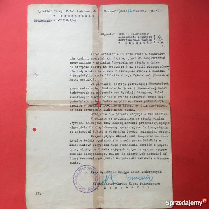 775 Pismo o przejściu na emeryturę Łoński Szczecin sprzedam