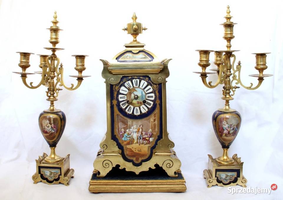 Antyczny francuski zegar z XVIII w. – brąz złocony, ręcznie malowana porcel
