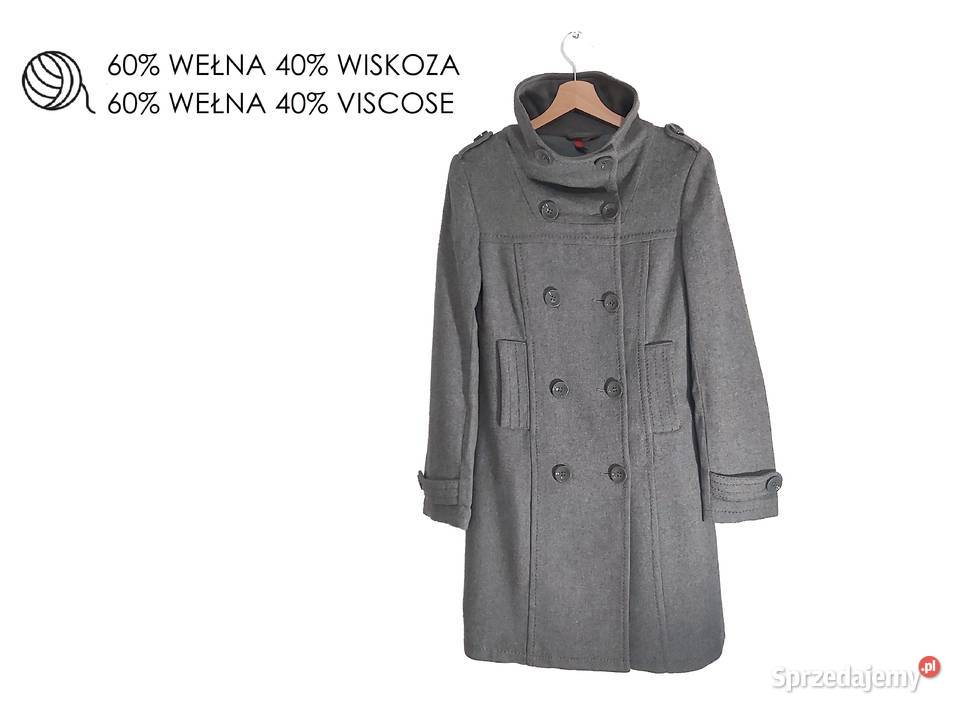 Szary dwurzędowy wełniany płaszcz damski Bez wzoru Kraków
