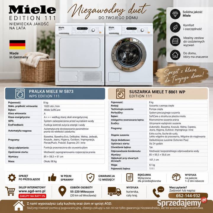 Zestaw Miele Edition 111 Pralka W 5873 suszarka wolnostojące Wrocław