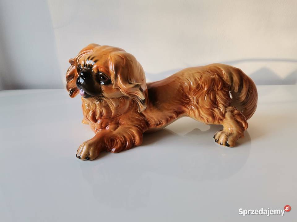 Stara duża figurka porcelanowa Pies Pekińczyk Katowice