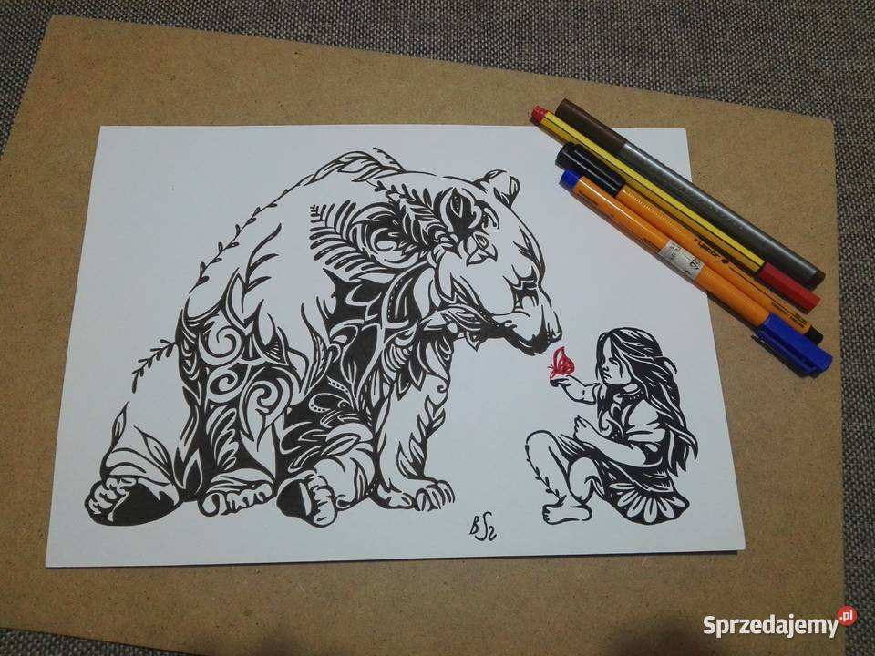 Rysunek dziewczynka i miś cienkopis A4 250gm2 Malarstwo Warszawa