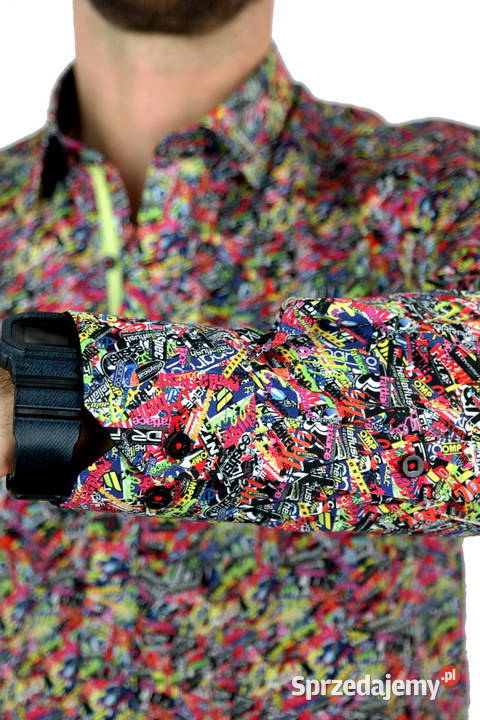 DANIEL BESSI Koszula Męska Fb064 Kolorowa Napisy wielkopolskie