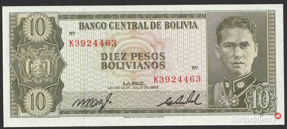 BOLIWIA 10 PESOS BOLIVIANOS 1962 STAN BANKOWY sprzedam