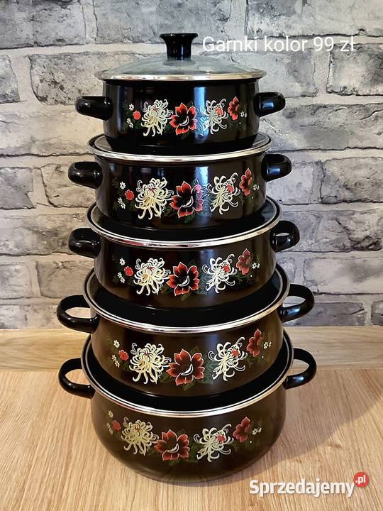 Garnki emaliowane 5 sztuk z pokrywkami rozne Darłowo