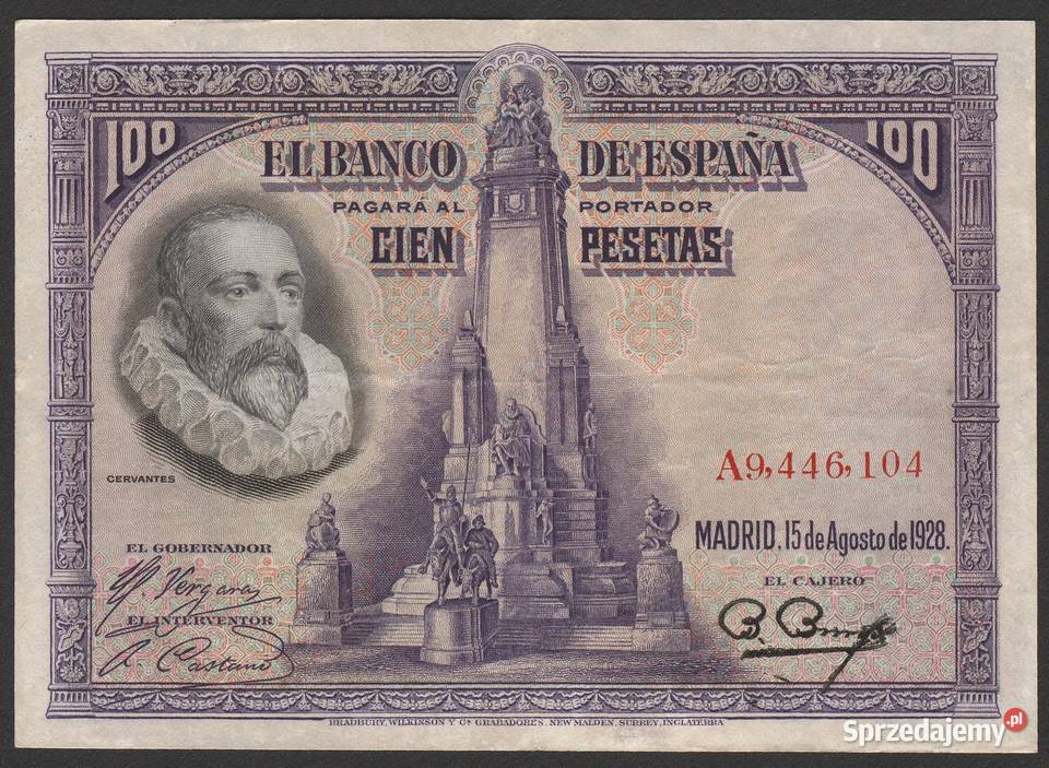 Hiszpania 100 peset 1928 A9 Miguel Cervantes łódzkie Łódź