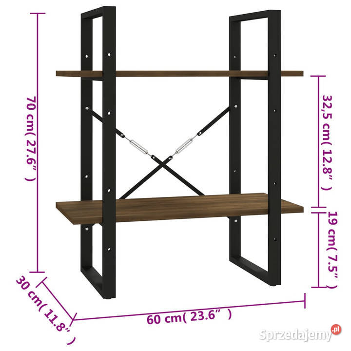 2poziomowy regał na książki brązowy dąb 60x30x70