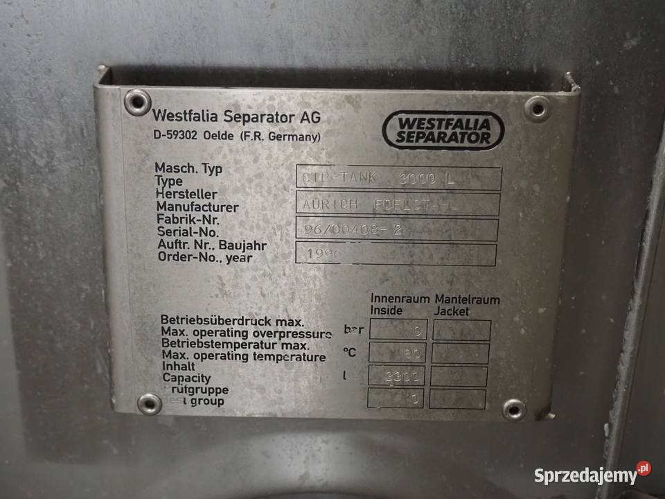 Instalacja CIP Westfalia Separator AG Zbiornik Krotoszyn