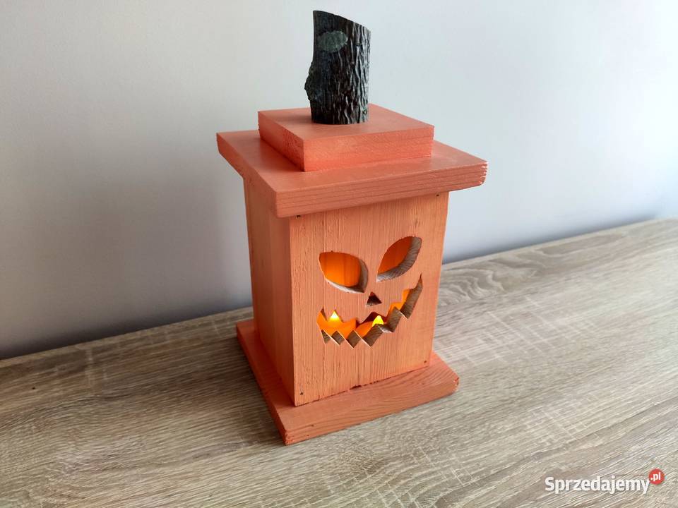 Lampion Halloween Jackolantern drewniany pomarańczowy Tuchola