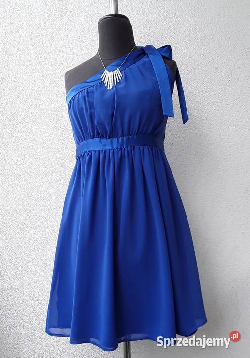 Zwiewna kobaltowa sukienka na jedno ramię r40