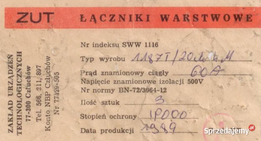 ZUT ŁĄCZNIK Warstwowy Pakietowy WYŁĄCZNIK Inowrocław sprzedam