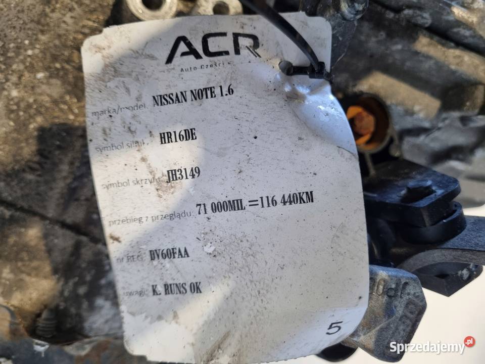 SKRZYNIA BIEGÓW Nissan Note E11 16 16V MANUALNA osobowe lubelskie Chełm