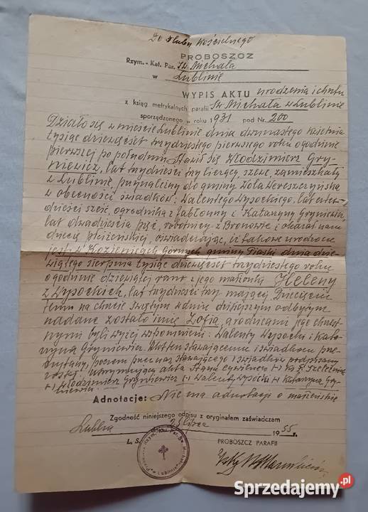 Wypis aktu urodzenia i chrztu z roku 1931 Antykwariat Koźminek