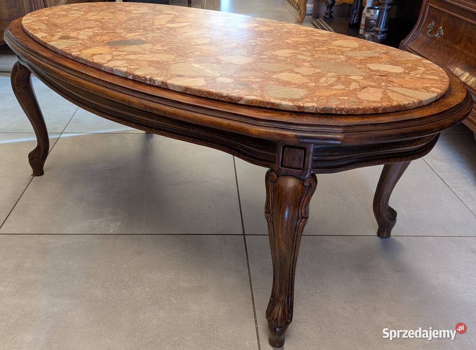 Piękny dębowy stolik ludwikowski z marmuremsklep Dąbrowa Górnicza