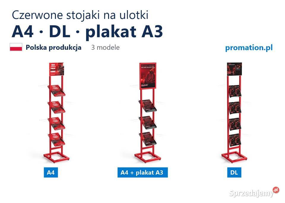Czerwone stojaki na ulotki A4 i DL z plakatem A3