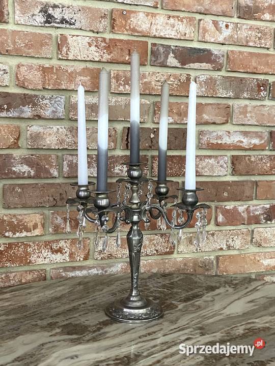 Świecznik kryształowy vintage srebrny kandelabr Gniezno
