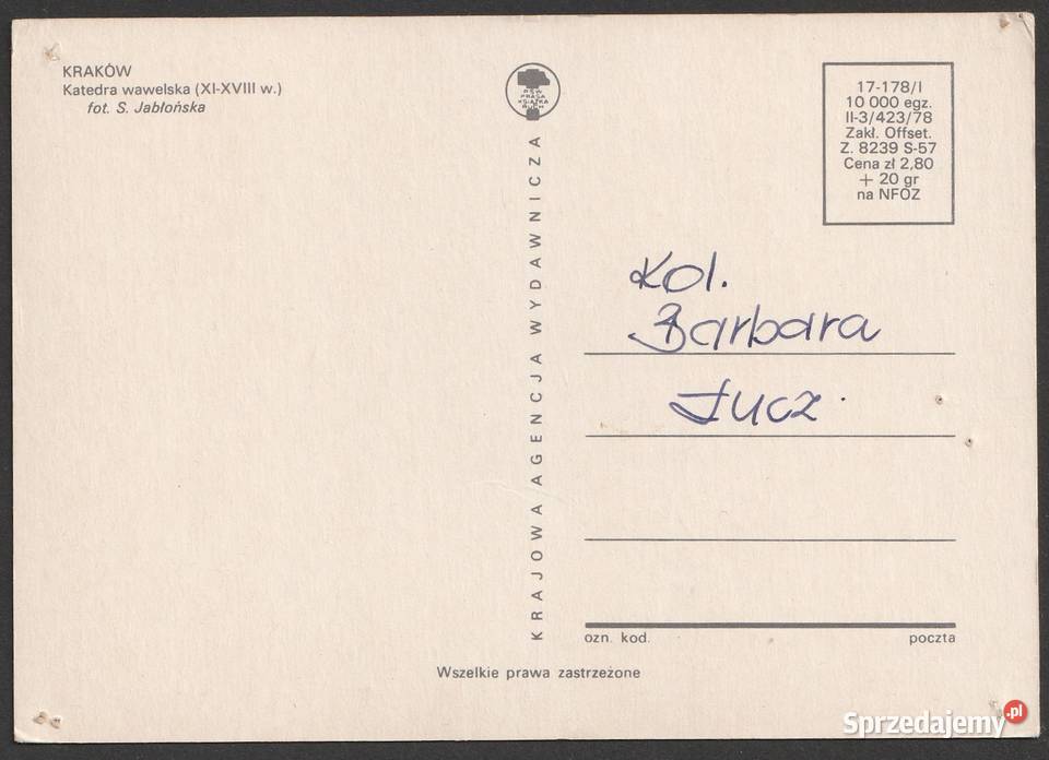 KRAKÓW WAWEL KATEDRA 1978 BEZ OBIEGU Pocztówki i karty telefoniczne