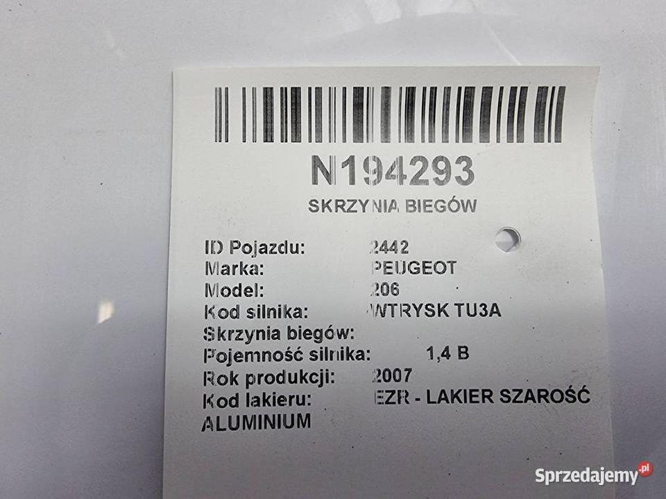 SKRZYNIA BIEGÓW PEUGEOT 206 20CP81 osobowe sprzedam