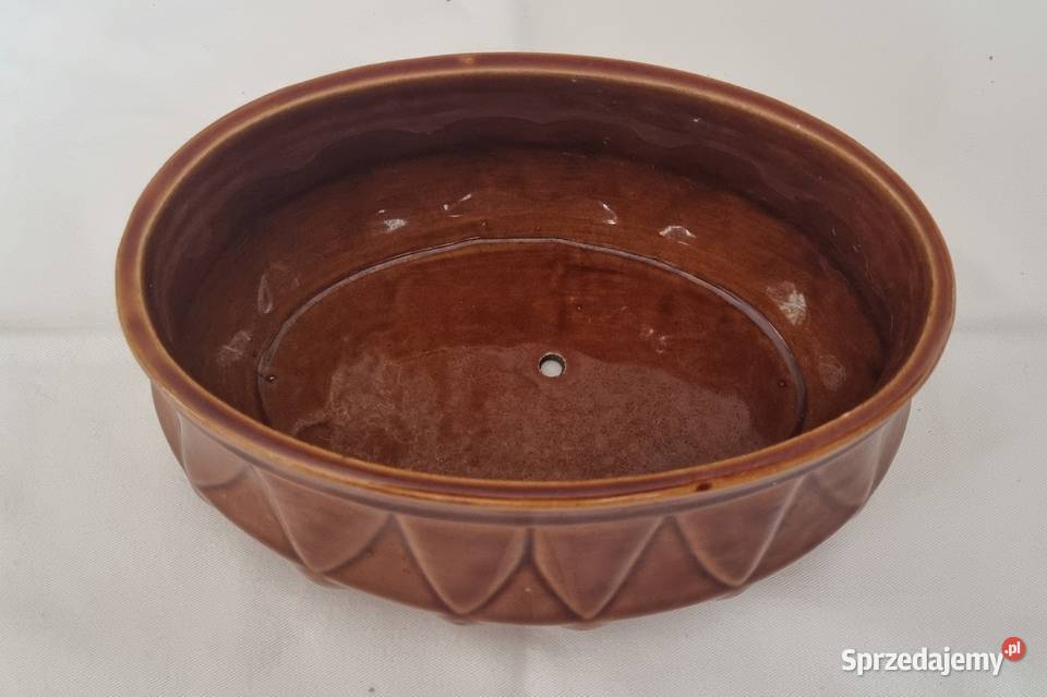 Owalna porcelitowa doniczka vintage PRL odcienie brązowego Warszawa