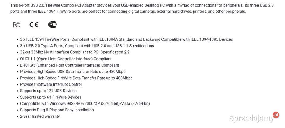 6Port USB 20 FireWire 1394 VIA VT6306 VT6212 pomorskie Gdańsk