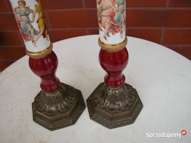 komplet starych świeczników mosiądz i porcelana