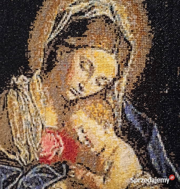 haft krzyżykowy Madonna z Dzieciątkiem drewniana Szczecin
