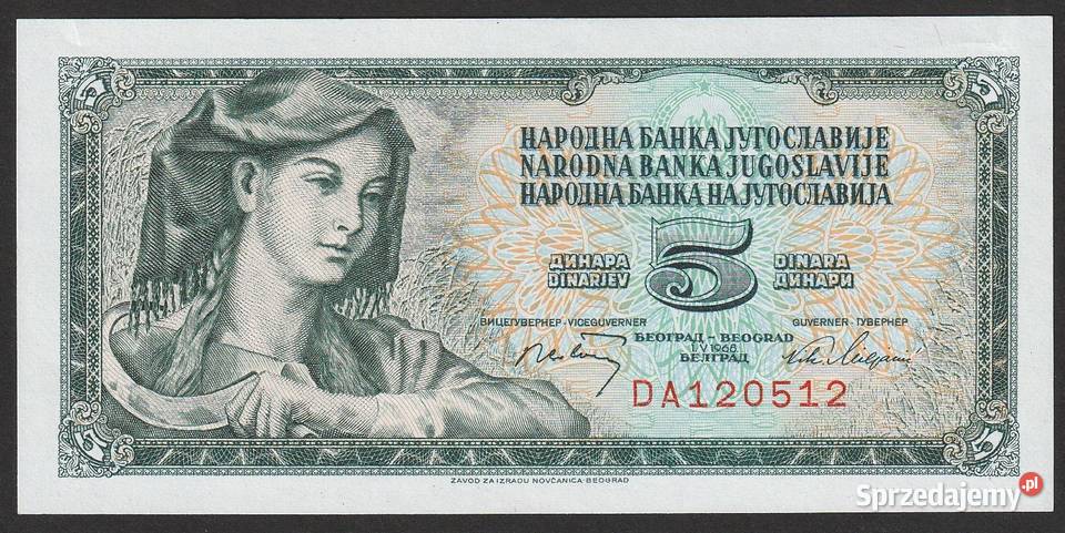 JUGOSŁAWIA 5 DINARÓW 1968 STAN BANKOWY UNC Łódź