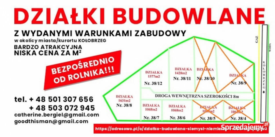 Działki budowlane 1070m do 1750m2 w pobliżu Niemierze sprzedam