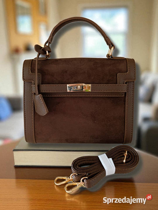 Elegancka czekoladowa torebka zamszowa do ręki brązowy/beżowy Żabiczyn sprzedam